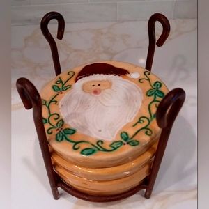 Vtg Hand Painted Christmas Tile Coasters Set of 4 on Iron Stand Hot Plate Trivet